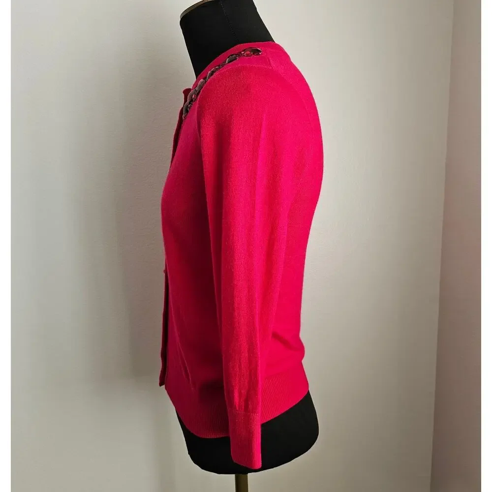 Kate Spade Pink Cotton Wool Rabbit Hair Jeweled Beaded Neck Cardigan Sweater XS